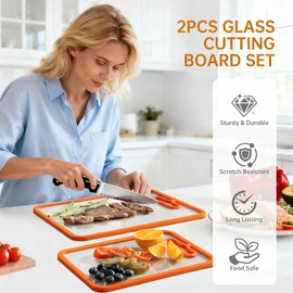 FYCTIO Glass Cutting Board for Kitchen, 2Pcs Tempered Glass Chopping Board with Non-Slip Edges, Dishwasher Safe Clear Cutting Board Set, Heat & Shatter Resistant, Orange 15"×11"& 13"×9"