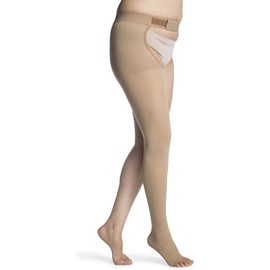 SIGVARIS Women’s Essential Opaque 860 Open Toe Thigh-Highs w/Grip Top & Waist Attachment 20-30mmHg - Large Long Left - light beige (crispa)