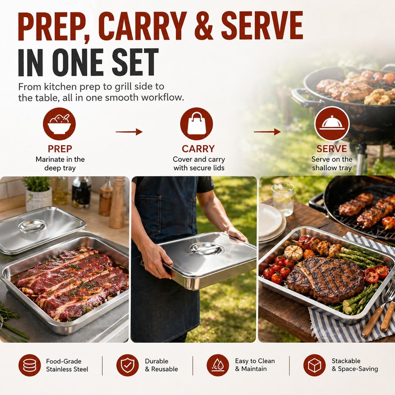 QURAS Grill Prep & Serve Tray Set with Lids, 5-Piece