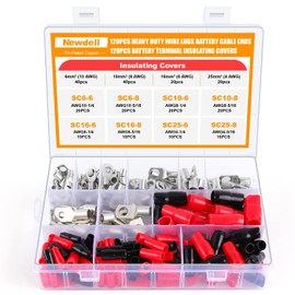 Newdeli 240pcs Heavy Duty Wire Cable Lug Kit, Including 120pcs Tinned Copper Battery Cable Ends Eyelets Tubular SC Ring Terminals + 120pcs Battery Terminal Insulating Covers, Copper Wire Lugs