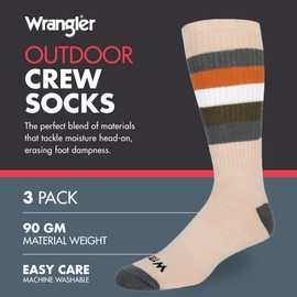 Wrangler 3 Pack Cushioned Arch Support Mens Crew Socks - Mens Socks Size 6-12 (Polyester Blend, Tan w/Black)