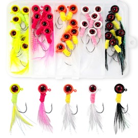 Alwonder 30-Pack Marabou Jigs Kit, Fishing Crappie Jigs Heads Trout Panfish Lures with Feather, Hand-Tied Hair Round Fishing Head Jig Hooks for Bass Walleye Bluegill 3/16oz