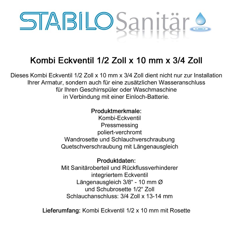 Stabilo-Sanitaer Combination Angle Valve 1/2 Inch x 10 mm Device
