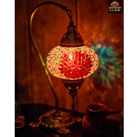 Anatolian Turkish Mosaic Swirl Lamp - Handcrafted 15" Multicolor Artisan Table Lamp, Moroccan Lantern Style, Green Stained Glass, Curved Bronze Base, LED Bulb Included