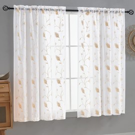 Sheer Curtains Beige 45 Inch Length,Floral Embroidered Rod Pocket Voile Drapes for Living Room, Bedroom, Window Treatments Semi Curtain Panels for Yard, Patio, Villa, Parlor, Set of 2, 52"x 45".