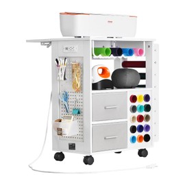 VEVOR Rolling Craft Cart and Storage Table, Compatible with Cricut Machines, Crafting Table Organization Workstation with 2 USB Ports and Outlets, 15 Vinyl Roll Holders and 2 Drawers, for Craft Room