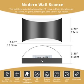 TingMiao Black Modern LED Wall Sconce, 3 Colors Indoor Wall Lights, 10W Hardwired Up and Down Aluminum Wall Mount Lamp for Bedroom Living Room Hallway Corridor (Black, 1 Pack)