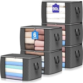 90 L Large Storage Bags, 6 Pack Clothes Storage Bins Foldable Closet Organizers Storage Containers with Reinforced Handle for Clothing, Blanket, Comforters, Bed Sheets, Pillows and Toys (Gray)