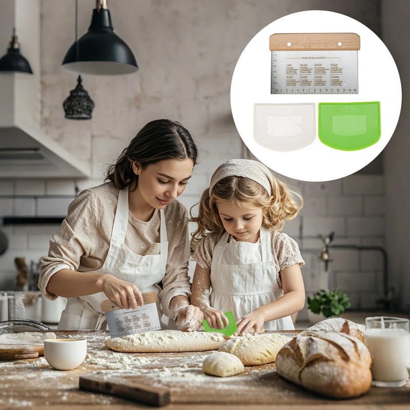 Casoter Professional Dough Scraper Set, 3-Piece, Stainless Steel with Wooden