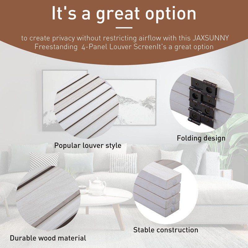 SANDINRAYLI 4 Panel Wood Louver Folding Screen, Room Divider, Portable
