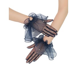 QRBTSCL Women's Short Mesh Gloves Ruffled Tulle Tea Party Gloves for Formal Costume Evening Wedding Party Navy