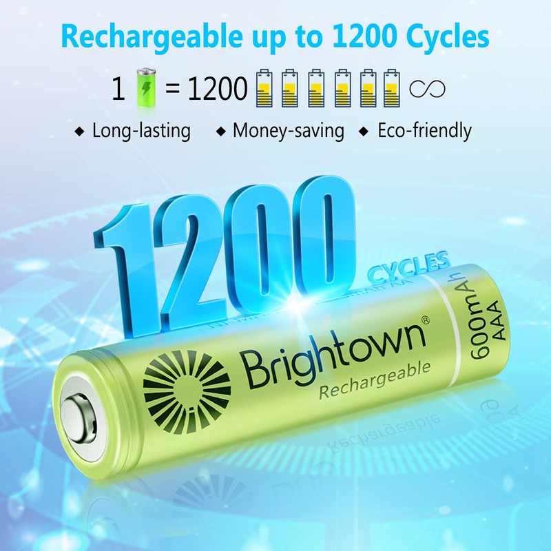 Brightown 12-Pack Rechargeable AAA Batteries, 600mAh NiMH Precharged Triple A
