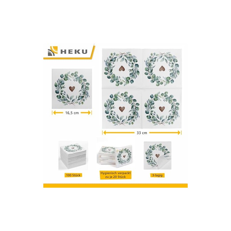 HEKU 100 napkins, 3-ply, 33 x 33 cm, eucalyptus heart,