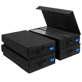 BOATISLE Cassette Tape Storage Box with Handles and Lid – Cassette Tape Holder and Organizer with External Label Slots, Stackable Cassette Storage Rack, 4Pack-Black