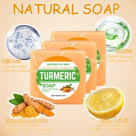 Turmeric Kojic Acid Soap, Handmade Turmeric Soap for Face & Body, Natural Soap Bar with Turmeric Root Powder, Kojic Acid, Citrus Peel Oil, Deep Moisturizing, Cleansing & Gentle, 3Pcs