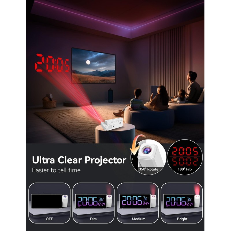 Netzu Projection Alarm Clock, Digital Clock with 350° Rotatable Projector,