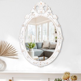 White Oval Wood Mirror for Wall Vintage Framed Hanging Bedroom Wall Mirror Rustic Bathroom Mirrors Wall Mirrors Decorative for Home Vanity Living Room Entryway 24"x16"