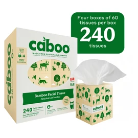 Caboo Bamboo Facial Tissues, 3 Ply Natural Bamboo Tissue Paper, Pack of 4, Eco Friendly Hypoallergenic Tissue Boxes, 60 Tissues Per Box, 240 Total Tissues