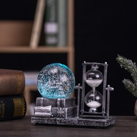 Antique Snow Globe with 15 mins Hourglass Timer LED Musical Crystal Snow Globe Music Box Collectibles Sand Clock Timer for Fireplace Mantel Home Decorations Silver Castle