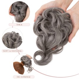 SEGO Tousled Updo Hair Bun Donut Synthetic Thick Hair Chignon, 75G Dark Grey, Claw Messy Bun Hairpieces Wavy Curly