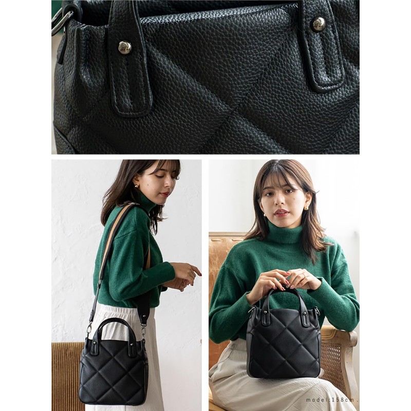 Vita Felice inb-10087p Women's Quilted 2-Way Tote Bag, Black