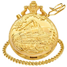 LED Gold Right Locomotive Len's Quartz Men's Pocket Watch, Arabic Numeral Dial Quartz Pocket Watch with Chain