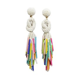 Handmade Beaded Solid Color Post Statement Earrings for Women All Season 4 inch Long (White Pearl Multi)
