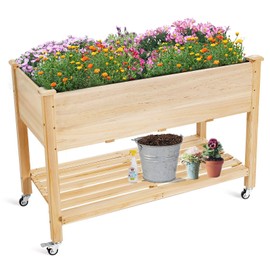 S AFSTAR Raised Garden Bed with Wheels, 48" L X 24" W X 33" H Wooden Elevated Planter w/Lockable Wheels, Storage Shelf, Bed Liner, Raised Garden Boxes for Backyard, Patio, Balcony, 110lb Capacity