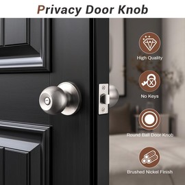 DECORITEN Interior Door Knob with Lock, Brushed Nickel Bedroom Door Lock, Stainless Steel Keyless Privacy Door Knob with Lock, Round Door Handle for Bathroom, 4 Pack