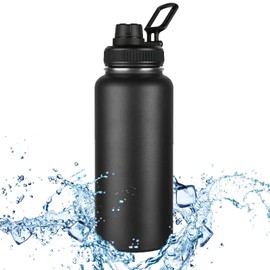 Botellas con Aislante de 32 oz, Termo de Agua, Deportiva de Acero Inoxidable, Tapa con Pico y Asa de Lazo, Aislamiento al Vacío de Doble Pared- Negro