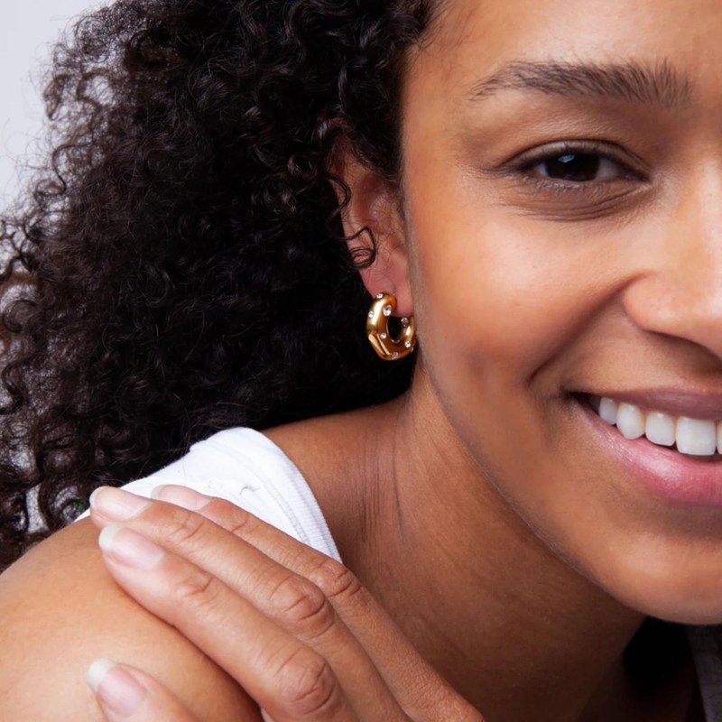 QueenBee Silver and 14K Gold-Plated Zirconia Studded C Shaped Hoop