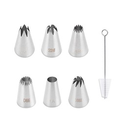 6 Piece Professional Stainless Steel Piping Piping Nozzles (1 m, 2D, 4B, 1A, D66 and 108E) Cream Piping Nozzles for Cupcakes Decoration with 1 Cleaning Brush