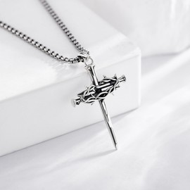 UCADRIT 3 Nails Cross Necklace 925 Sterling Silver Thorns of Crown Pendant Jesus Religious Mother's Day Jewelry for Women Men, Sterling Silver, No Gemstone