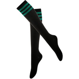 JHSSFSK Knee High Socks for Women, Long Tall Knee Tube Socks (1 pair-black with 3 green stripes)