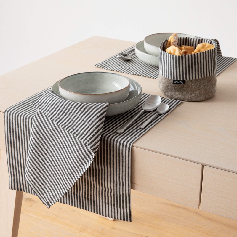 LinenMe Black Natural Striped Linen Cotton Basket Jazz, MEDIUM (20