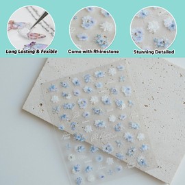 CESTSIREN Blue Flower Nail Art Stickers, Aurora Holographic Coquette Nail Decals, for Nail Art Design, Rhinestones, Self-Adhesive, Nail Accessories for Women,Aesthetic Nail Art Supplies