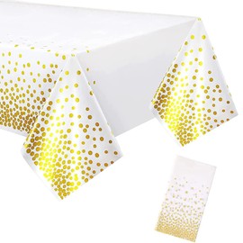 YXHZVON Party Tablecloth Disposable Plastic Tablecloth White Gold Dot Birthday Tablecloth for Graduation Anniversary Wedding Housewarming Party (137 x 274 cm)
