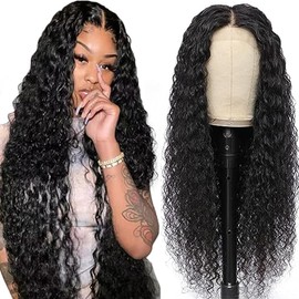 Lakaisa Human Hair Water Wave Human Hair Wig 4 x 1 Lace #1B Natural Black Glueless Wear and Go Wig Women's Real Hair Bleached Knots Pre Plucked Hairline with Baby Hair for Woman 28 Inches
