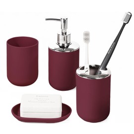 Bathroom Accessory Set, 4 Pcs Plastic Bathroom Set Include Soap Dispenser, Soap Dish, Toothbrush Holder, Mousewash Cup, Modern Bahtroom Décor Set, Space Save for Bathroom(Burgundy)