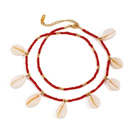 MUYAN Boho Shell Ankle Bracelet for Women Red Long Beaded Adjustable Seashell Anklet Beach Summer Jewelry