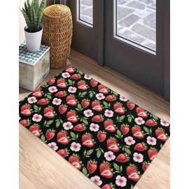 Door Mats Strawberry Fruit Flowers on Black Indoor Doormat 24x36IN Kitchen Rugs Non-Slip Mat with Rubber Backing Soft Absorbent Floor Rug for Bathroom Bedroom Entryway Decor Watercolor Tropical