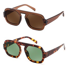 FEISEDY Trendy Square Aviator Sunglasses for Women, Vintage 70s Flat Top Shades B4175, (2 Pack) Brown & Tortoise/Green, 50mm