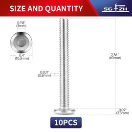 M5 x 60mm 10Pcs Flat Head Hex Socket Cap Screws Bolts, 304 Stainless Steel 18-8, Full Thread by SG TZH (with Hex Spanner)