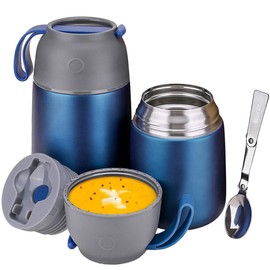 Insulated Thermo Food Jar for Hot & Cold Food for Kids Adult, 17&24 oz Soup Thermal Hot Food Containers for Lunch, Triple Layer Insulation Stainless Steel Food Jar with Spoon (2 Pack Blue)