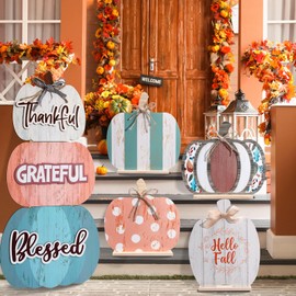 Bucherry 5 Set Fall Porch Decoration Pumpkin Wood Porch Standings Thankful Grateful Blessed Hello Fall Welcome Sign Decor with Base for Thanksgiving Festival Home Front Door Garden(Morandi Style)