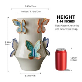 Rustic Ceramic Butterfly Decoration Flower Vase, 24cm/9.44in Vintage Vases Farmhouse Decor, for Living Room Entryway Table Centerpiece Decor, Terracotta Vases Pottery Clay Vase