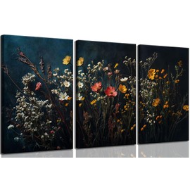3Pcs Dark Dried Wildflowers Canvas Wall Art Minimalist Floral Wall decor prints Vintage Black Botanical painting pictures Aesthetic Flower Artwork for Living Room Bathroom Bedroom Decoration,12x16in