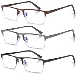 Anourney 3-Pack Reading Glasses for Men, Lightweight Metal Half Frame Blue Light Blocking Computer Readers, Stylish Filter UV Ray/Computer Glare with Spring Hinge Eyeglasses(3PCS Mix Color,+1.0)
