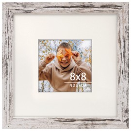 NDUFOA 8x8 Picture Frame, Display Photos 4x4 with Mat or 8x8 without Mat, Poster Frame for Wall and Tabletop, Distressed White