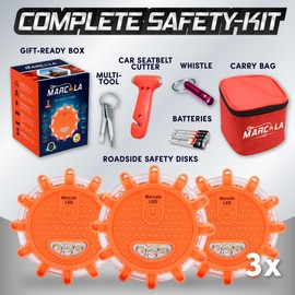 Marcala 3-Pack Emergency Lights for Vehicles | DOT Compliant Emergency Flares for Car with Batteries, Whistle & Case | LED Road Flares | Emergency Roadside Lights | Drive and Feel Safer on the Road!